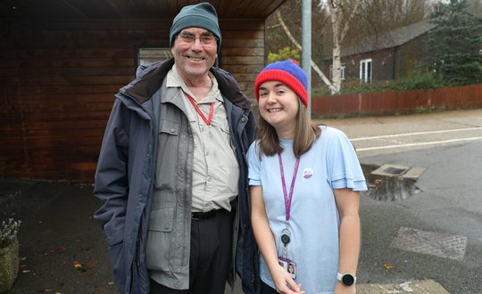 Man and Women wearing woolly hats.