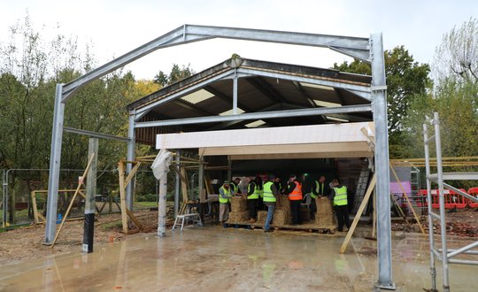 The metal frame of a new outdoor building