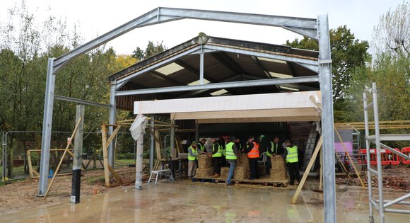 The metal frame of a new outdoor building