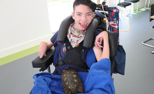 Boy smiling with a tortoise.