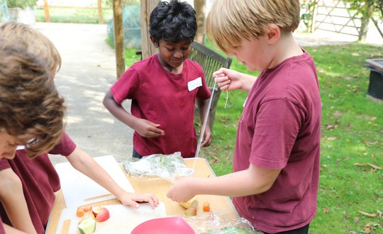 Two boys making animal food together.
