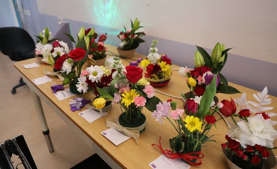 Table of flower arrangements.