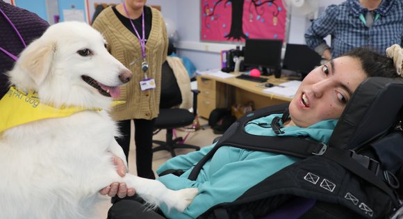 Young girl smiling with therapy dog